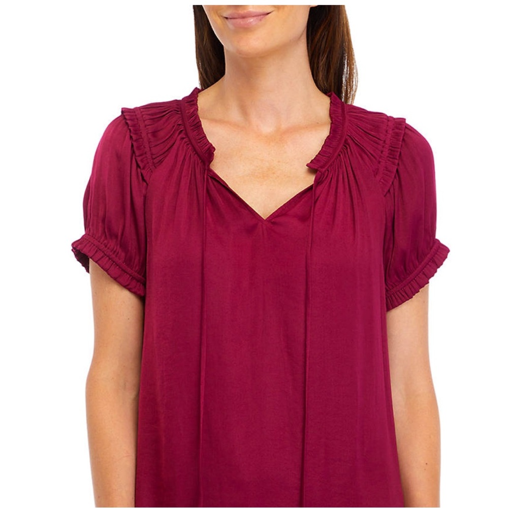 NWOT Philosophy Women's Short Sleeve Tie Neck Airflow
Blouse. Color: Burgundy